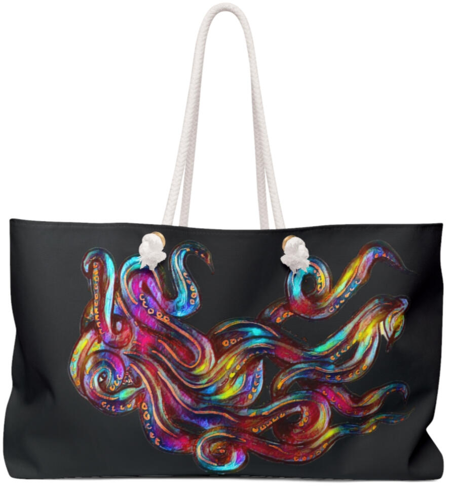 $45 Weekender bag Throw it all in a bag and take off. The artwork is designed by Princess Sara. This oversized weekender tote is great for the beach or a quick getaway.