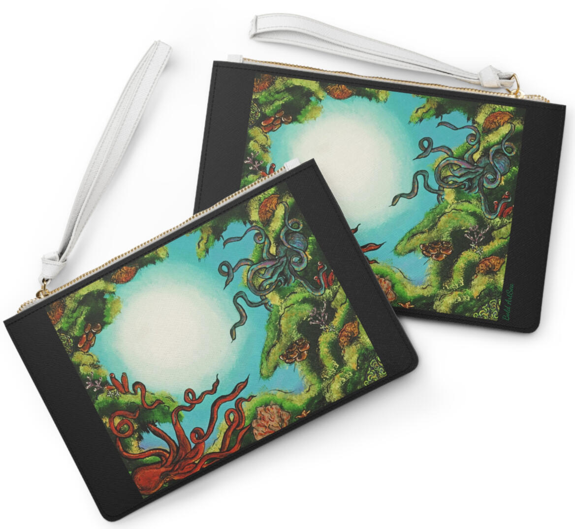 $50 Clutch bag is designed with a loop handle to quickly free your hands. It can hold everyday essentials with ease such as a phone, wallet, and keys. The coral artwork is a popular style Princess Sara enjoys painting.