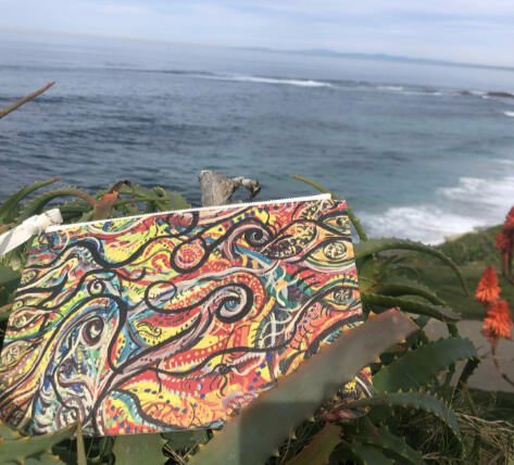 $50 Clutch bag. The design is printed on front and back of the clutch. This piece she did originally on canvas will never be sold to the public. It took five years for her to complete this abstract piece processing different events along the way.